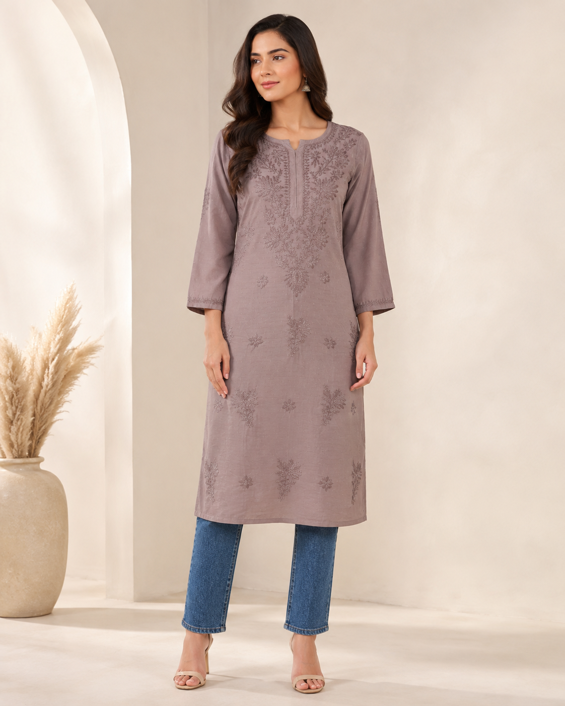 Brown Chikankari Long Kurta – Nawabi Summer, front view