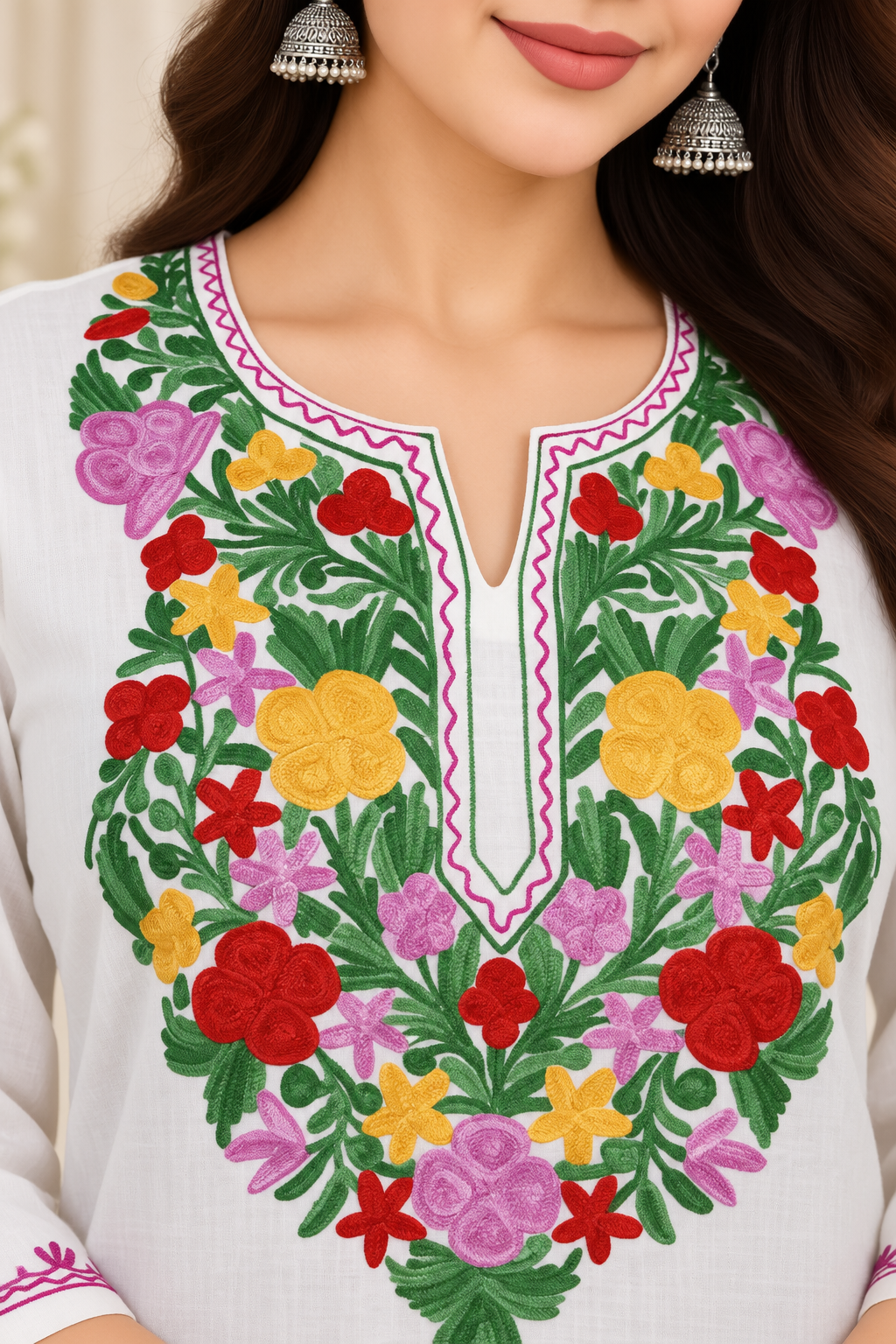 White Green Aari Work Long Kurti – Summer Tops