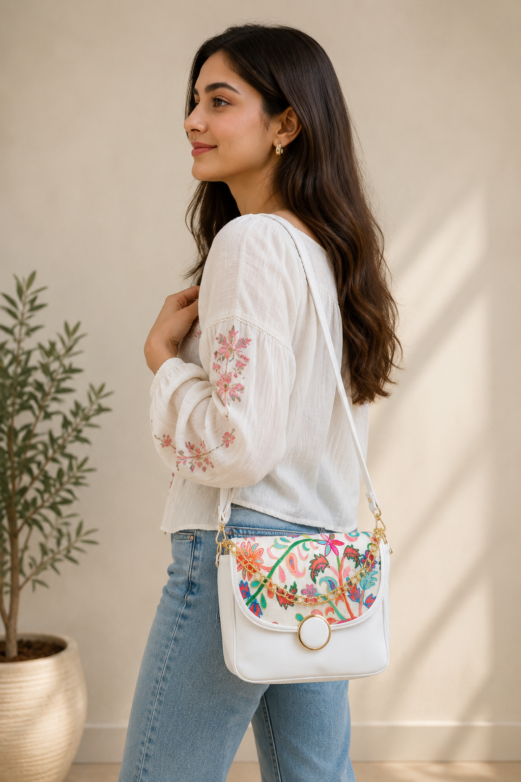 White Kani Work Gold Chain Handbag