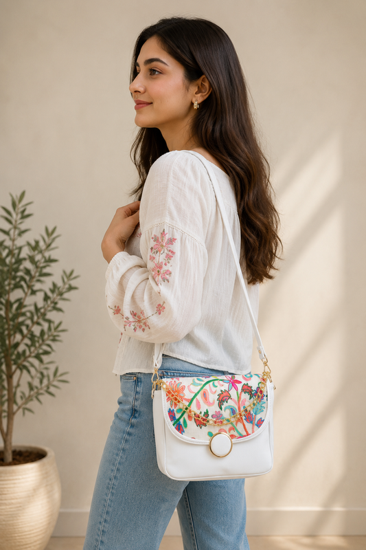 White Kani Work Gold Chain Handbag