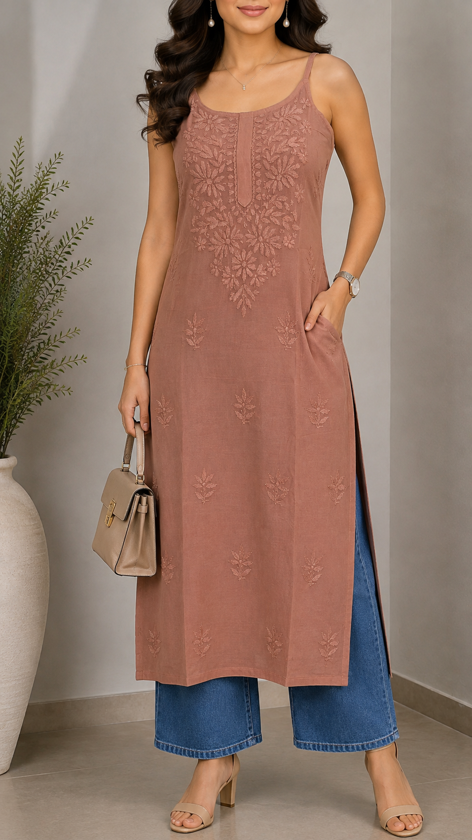 Rust Chikankari Long Kurta – Nawabi Summer