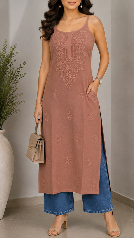 Rust Chikankari Long Kurta – Nawabi Summer