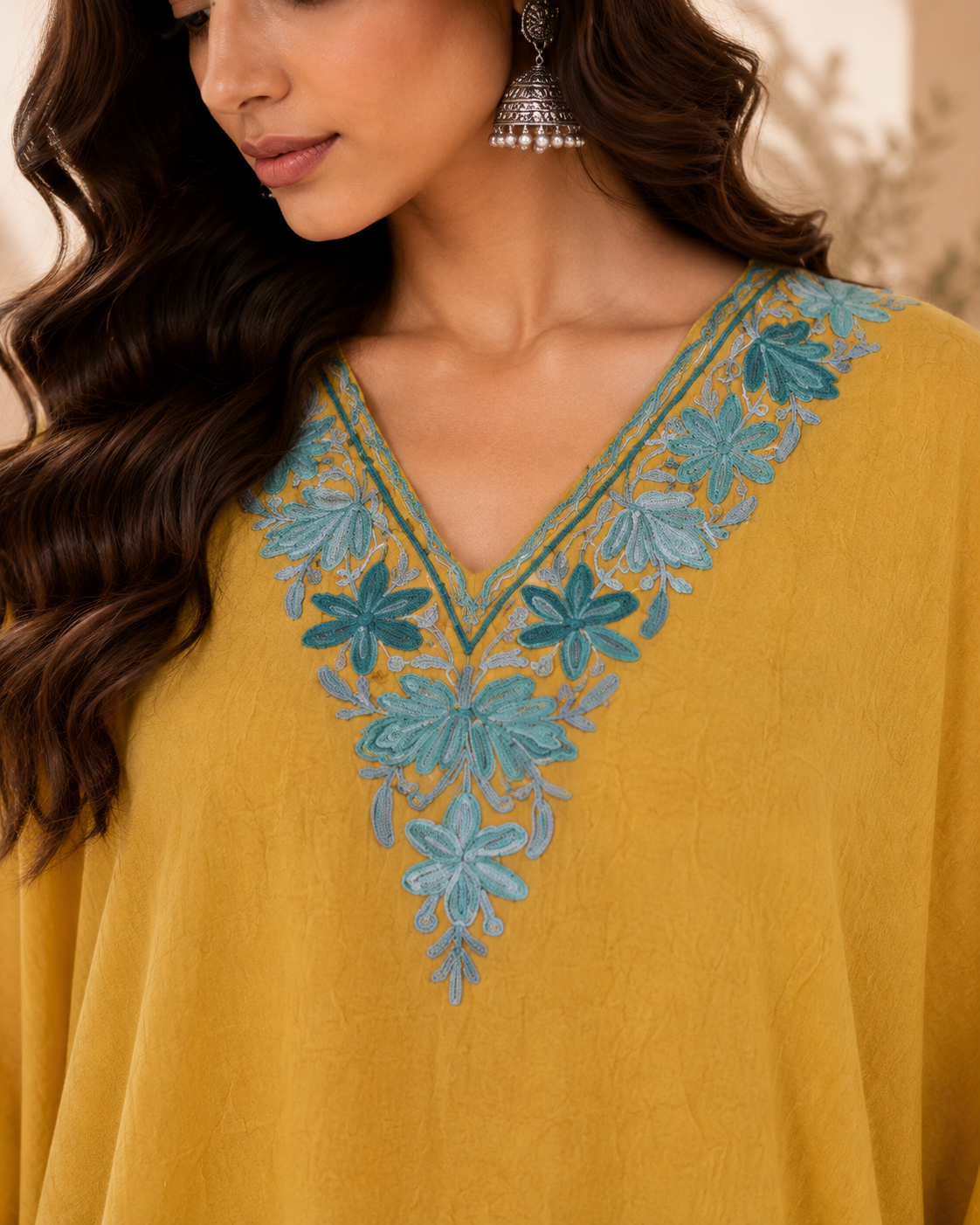 Mustard Aari Work Kaftan - Koshur Summer 2