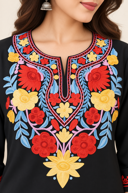 Black Red Yellow Aari Work Long Kurti – Summer Tops