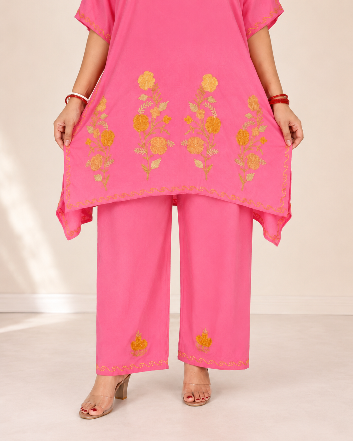 Rose Pink Aari Work Kaftan Set - Koshur Summer 4