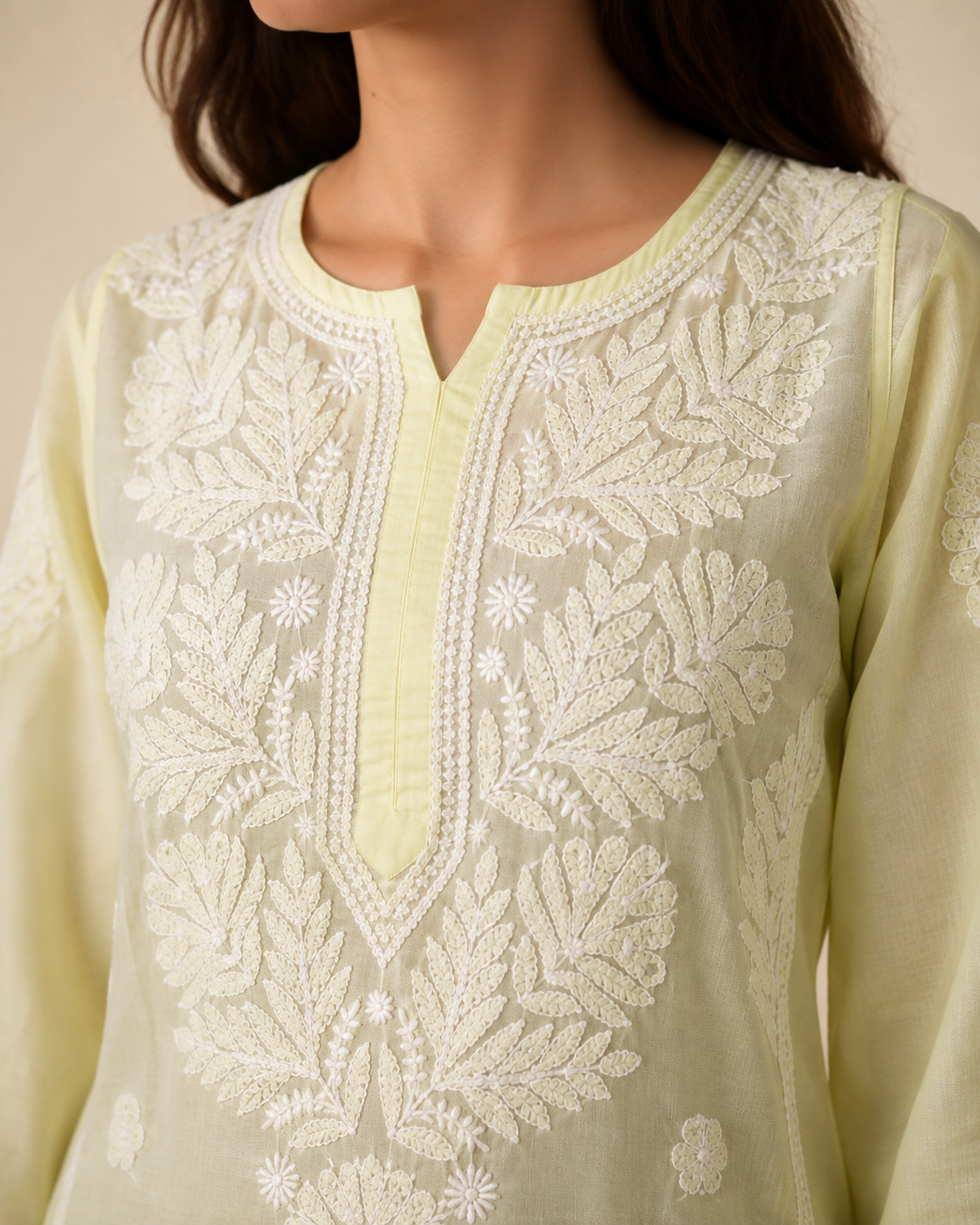 Lemon Chikankari Long Kurta – Nawabi Summer, detail view