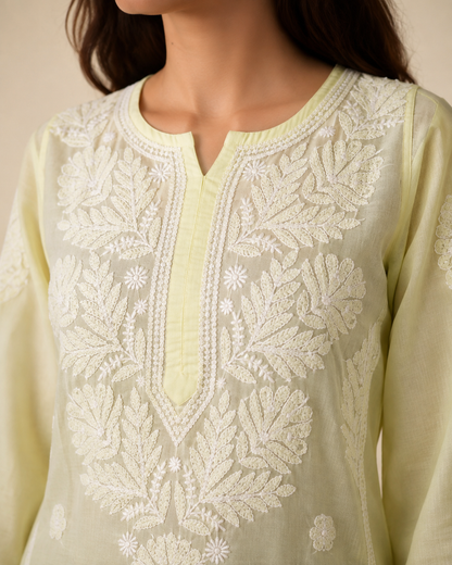 Lemon Chikankari Long Kurta – Nawabi Summer, detail view