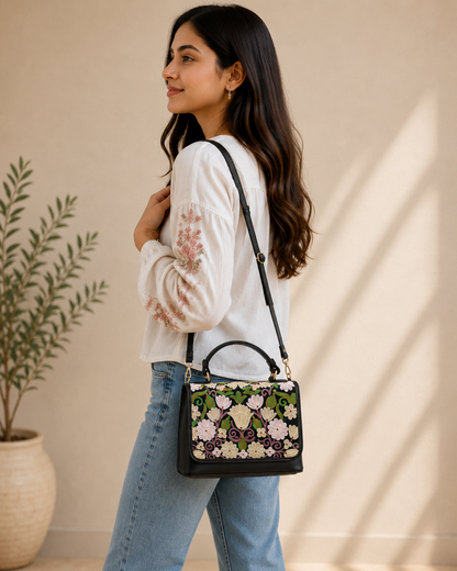 Black Aari Work Top Handle Handbag — embroidery detail