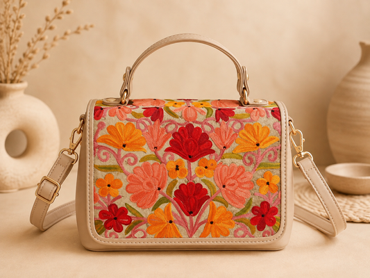 Beige Aari Work Top Handle Handbag — front view