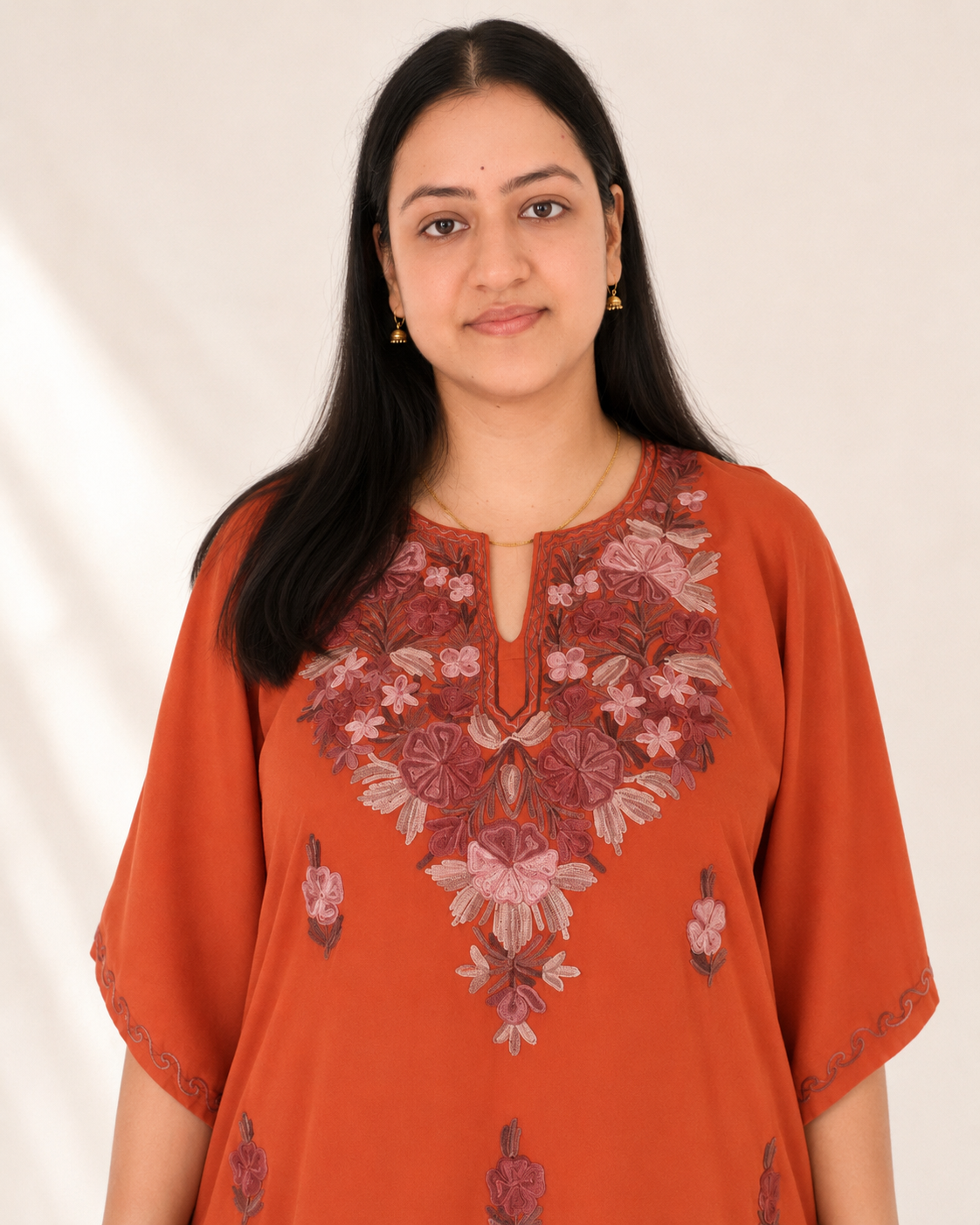 Rust Aari Work Kaftan Set - Koshur Summer 2