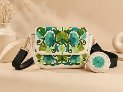 White Green Aari Work Sling Bag — front view