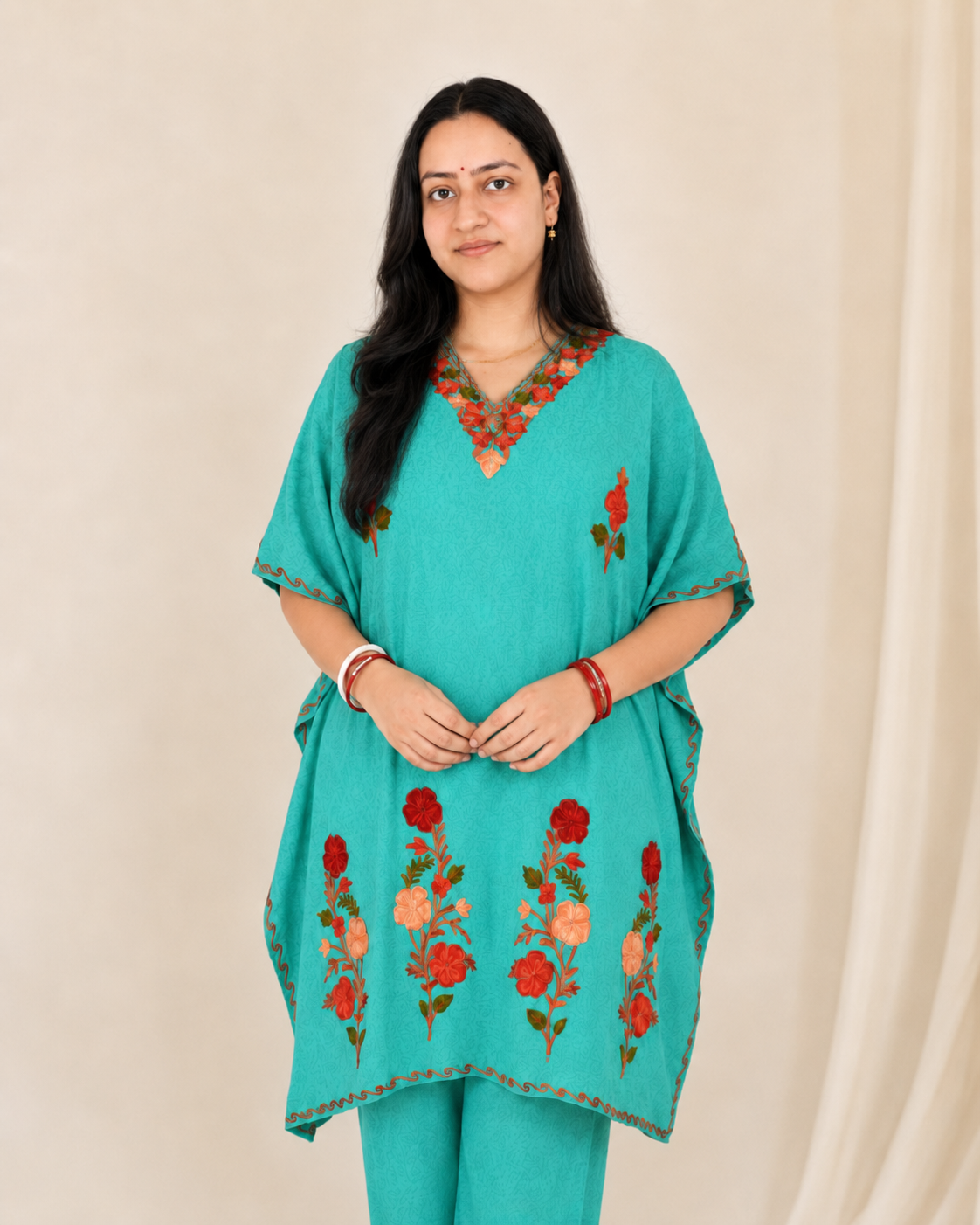 Turquoise Aari Work Kaftan Set - Koshur Summer 2