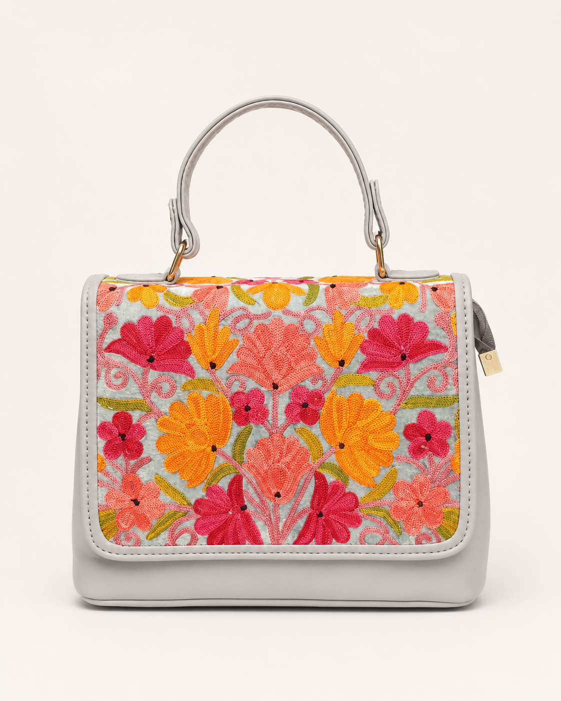 Silver Grey Aari Work Top Handle Handbag — front view