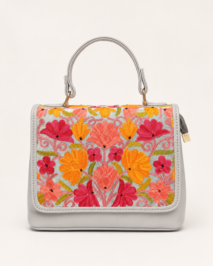 Silver Grey Aari Work Top Handle Handbag — front view