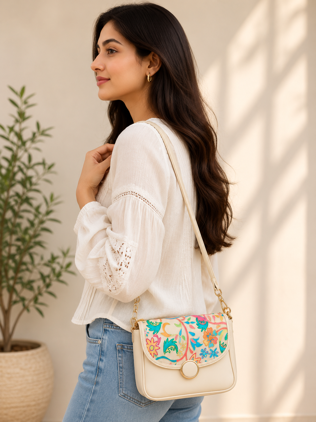 Beige Kani Work Gold Chain Handbag