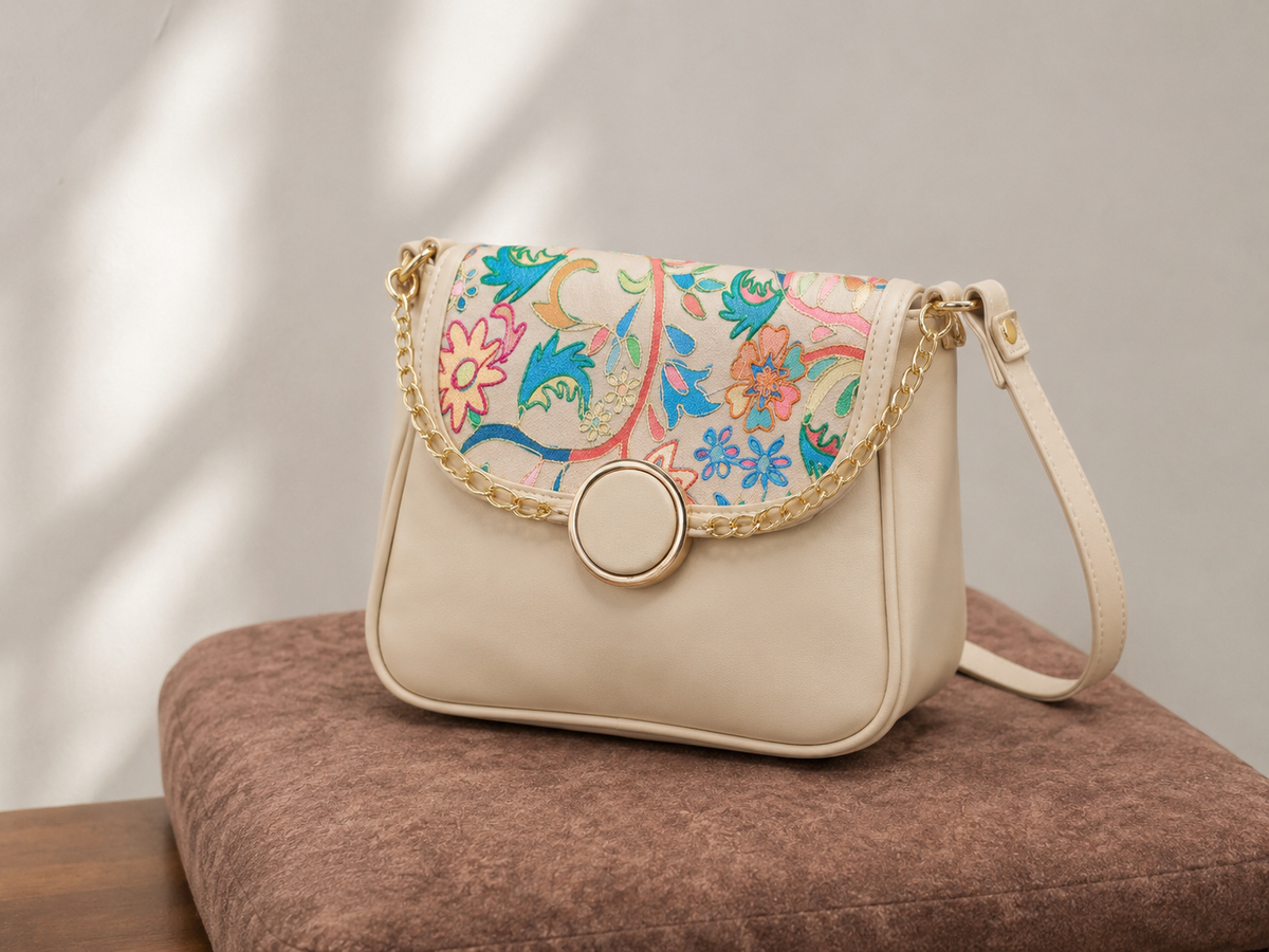 Beige Kani Work Gold Chain Handbag