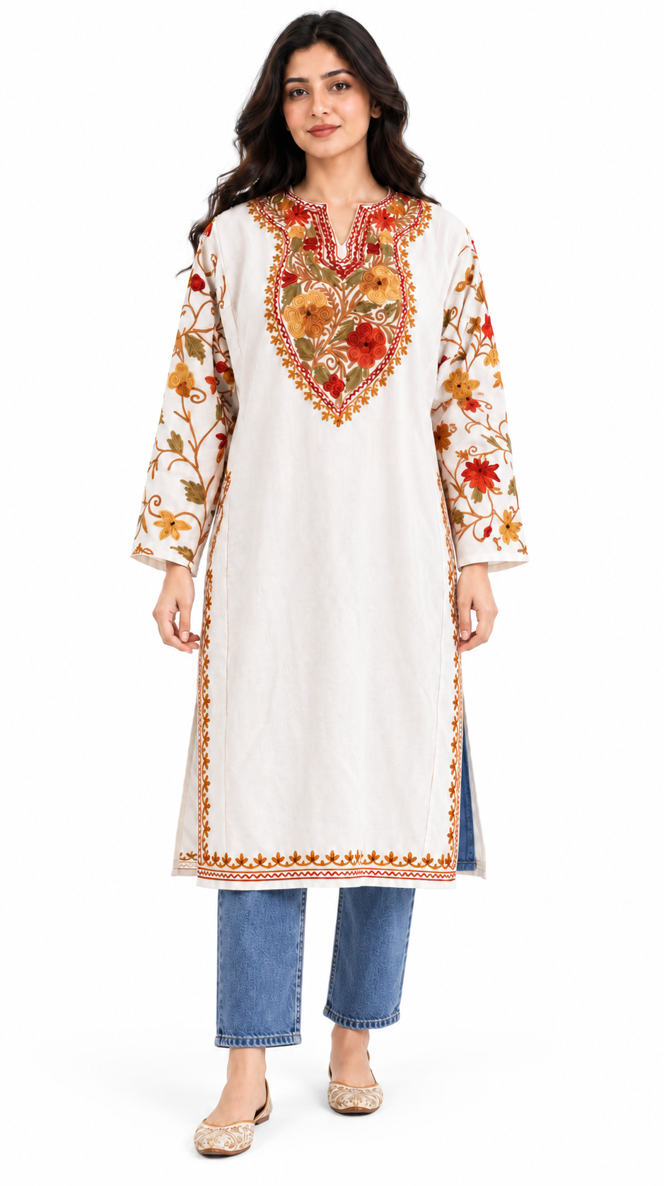 White Yellow Aari Work Pheran – Koshur Winter