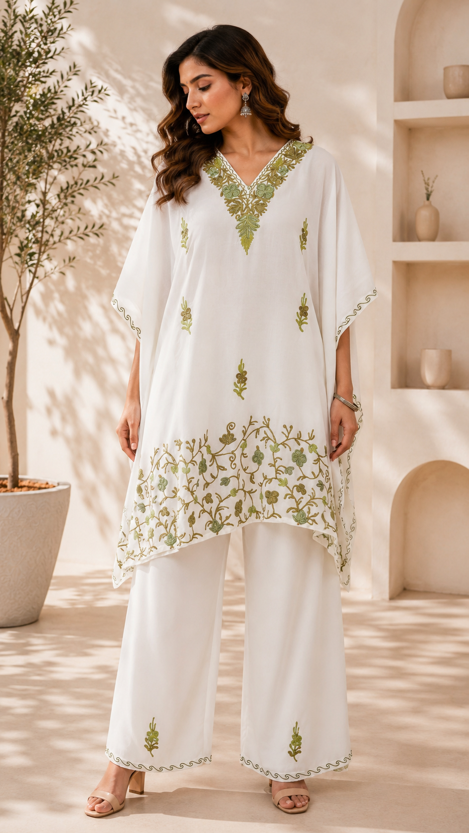 Off White Aari Work Kaftan Set - Koshur Summer 1