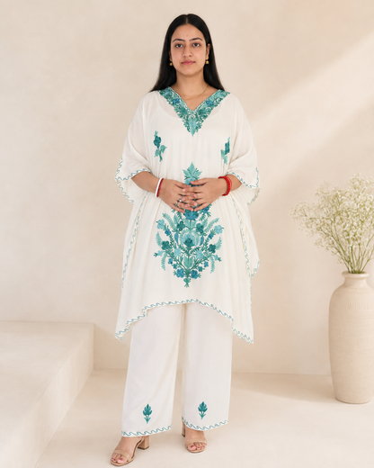 White Blue Green Aari Work Kaftan Set - Koshur Summer 1