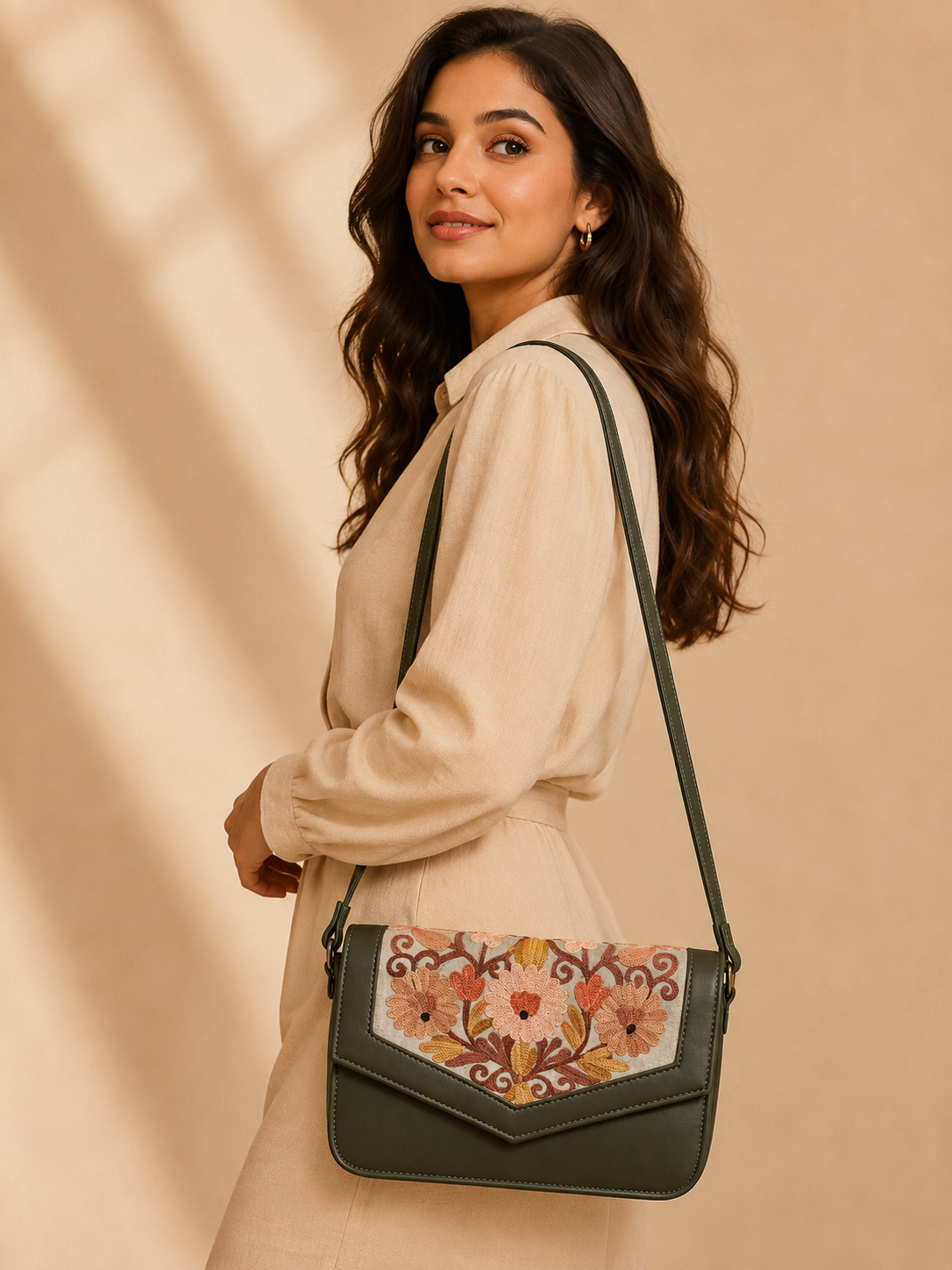 Forest Green Peach Aari Work Barfi Handbag