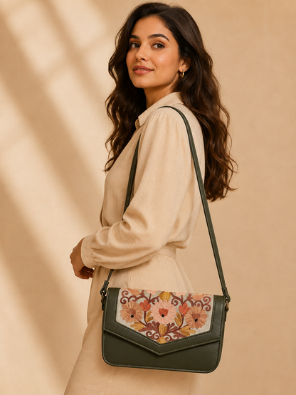 Forest Green Peach Aari Work Barfi Handbag