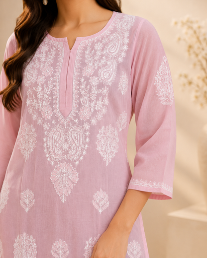 Pink Chikankari Long Kurta – Nawabi Summer, detail view