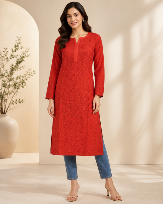 Red Chikankari Long Kurta – Nawabi Summer