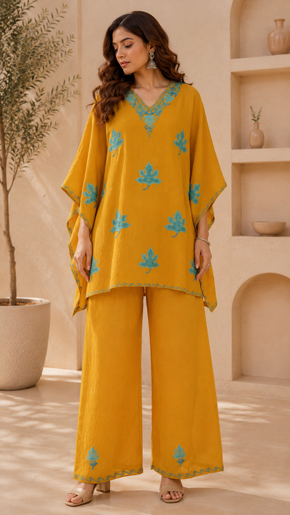 Mustard Green Aari Work Kaftan Set - Koshur Summer 1
