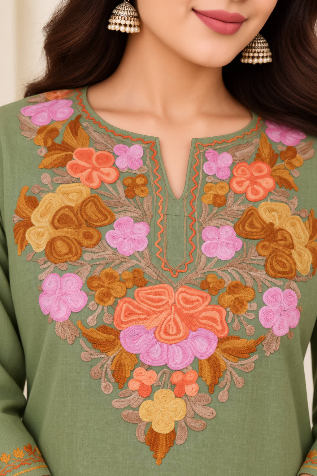 Olive Brown Aari Work Short Kurti – Summer Tops