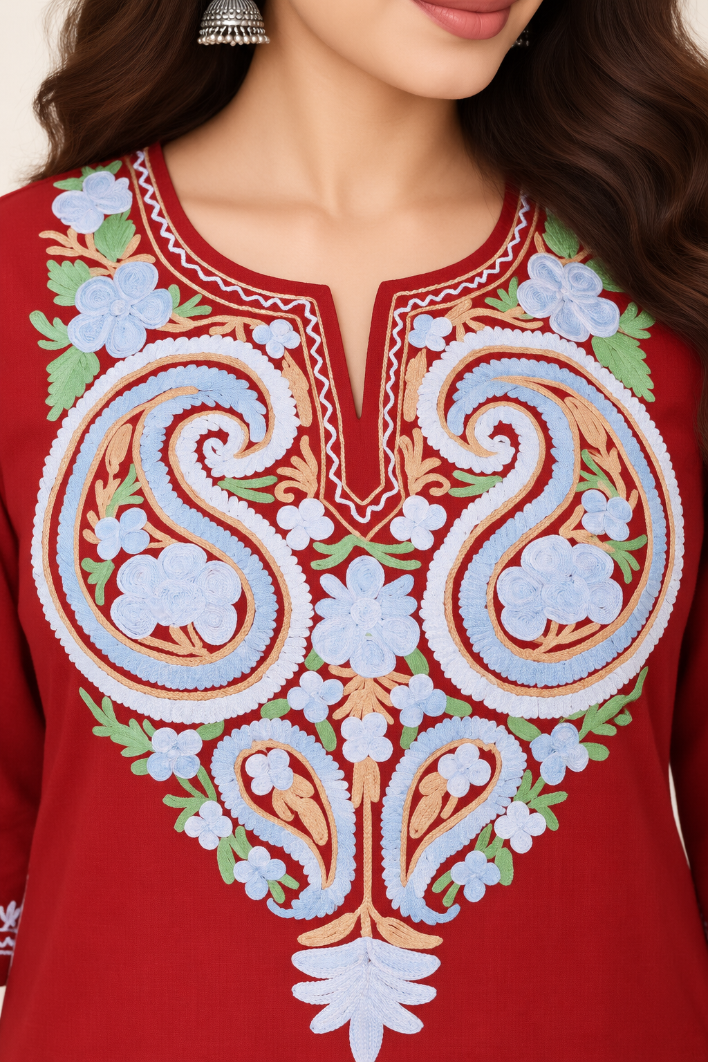 Red Green Aari Work Long Kurti – Summer Tops