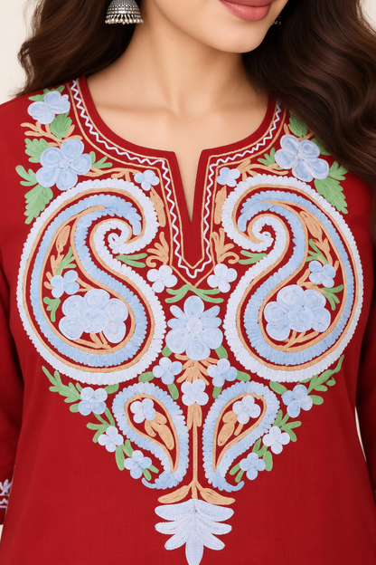 Red Green Aari Work Long Kurti – Summer Tops