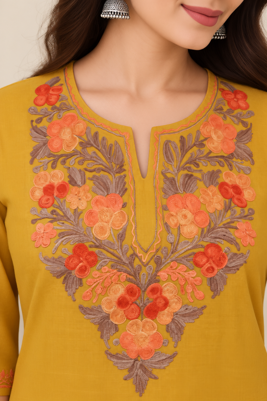 Mustard Aari Work Long Kurti – Summer Tops