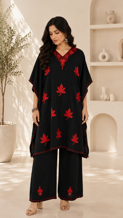 Black Red Aari Work Kaftan Set - Koshur Summer 1