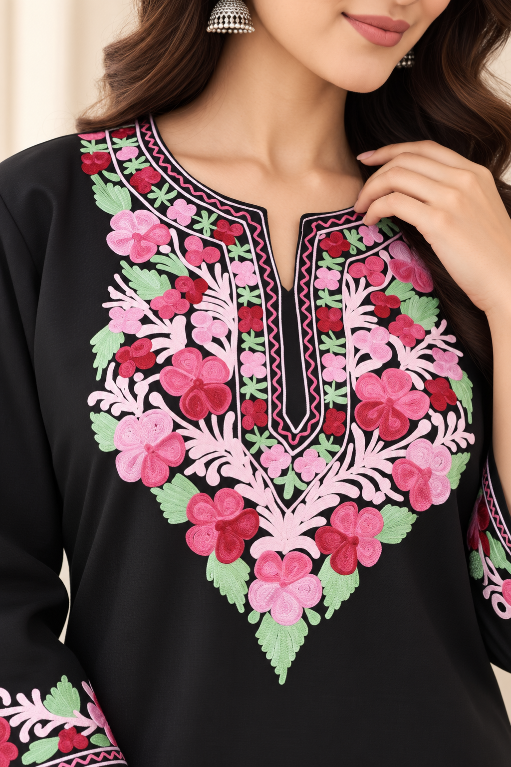 Black Pink Aari Work Short Kurti – Summer Tops
