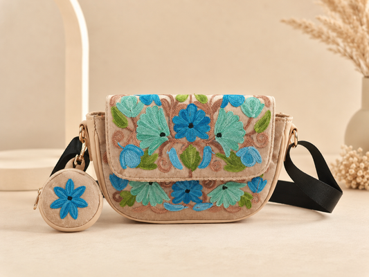 Beige Blue Aari Work Sling Bag