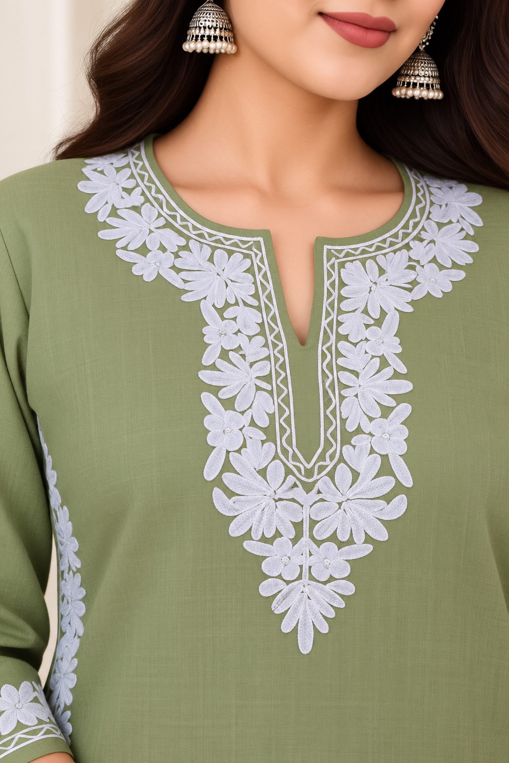 Olive Blue Aari Work Short Kurti – Summer Tops