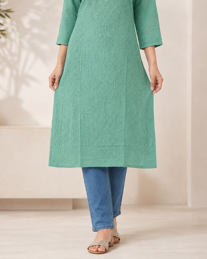 Green Chikankari Long Kurta – Nawabi Summer
