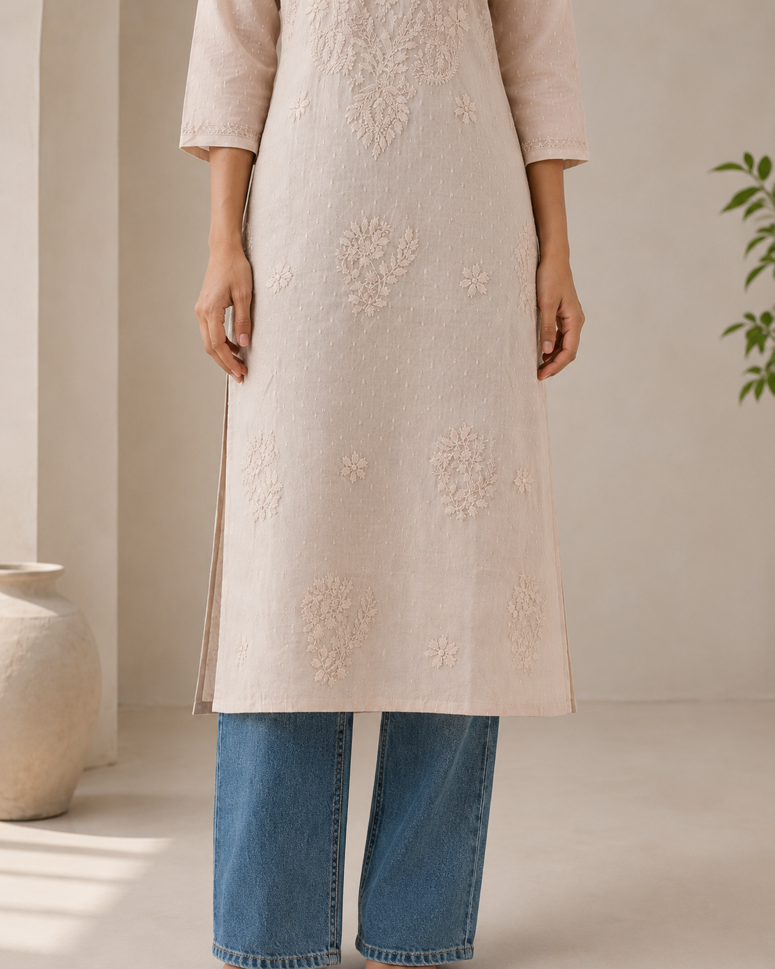Off White Chikankari Long Kurta – Nawabi Summer, additional view