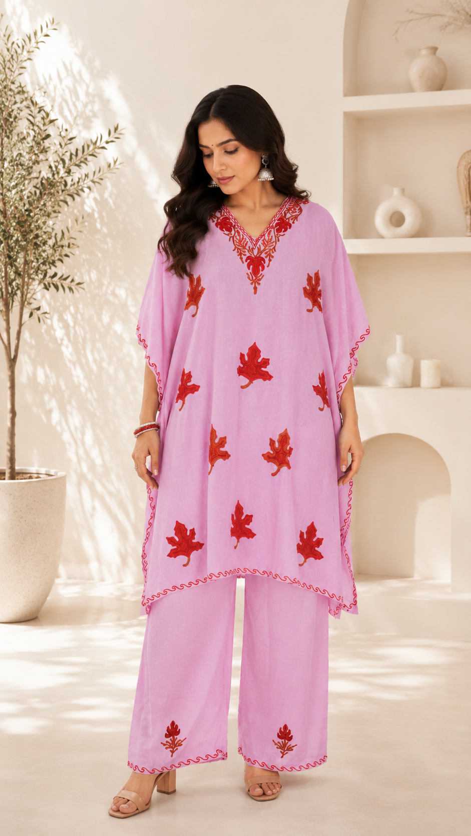 Pink Red Aari Work Kaftan Set - Koshur Summer 1
