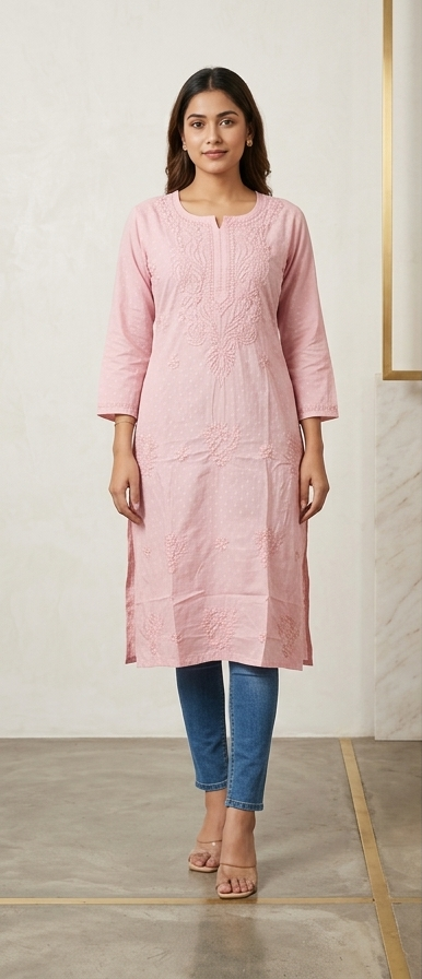 Dark Pink Chikankari Long Kurta – Nawabi Summer, front view