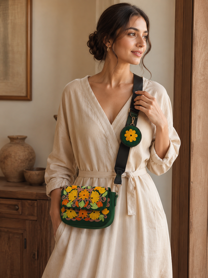 Forest Green Aari Work Sling Bag — embroidery detail