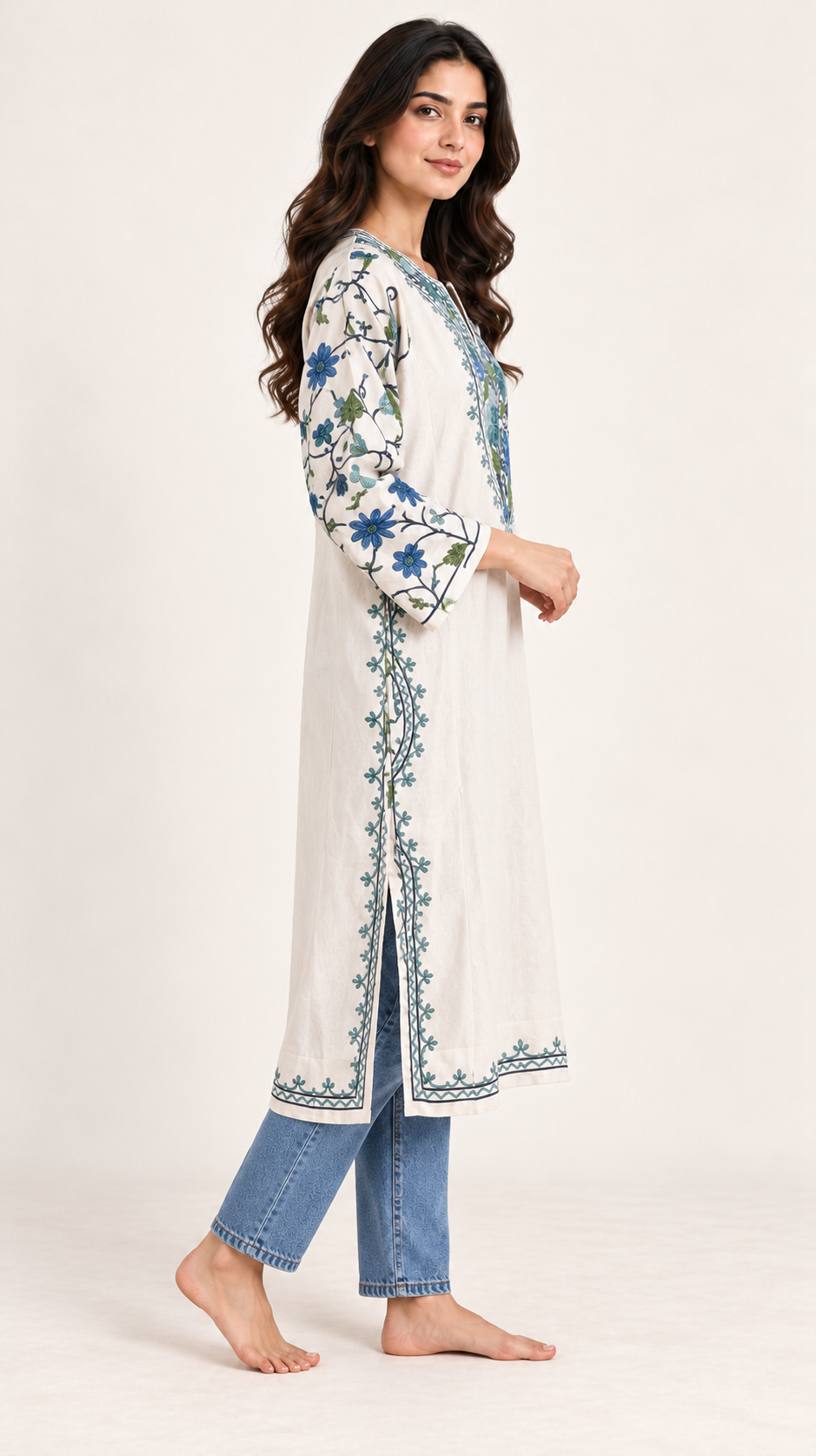 White Blue Aari Work Pheran – Koshur Winter