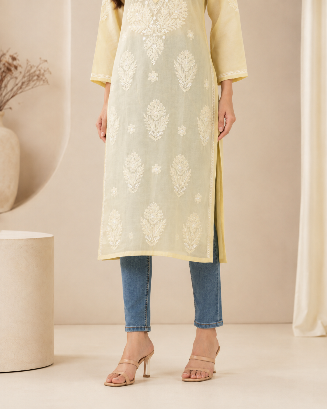 Yellow Chikankari Long Kurta – Nawabi Summer, additional view