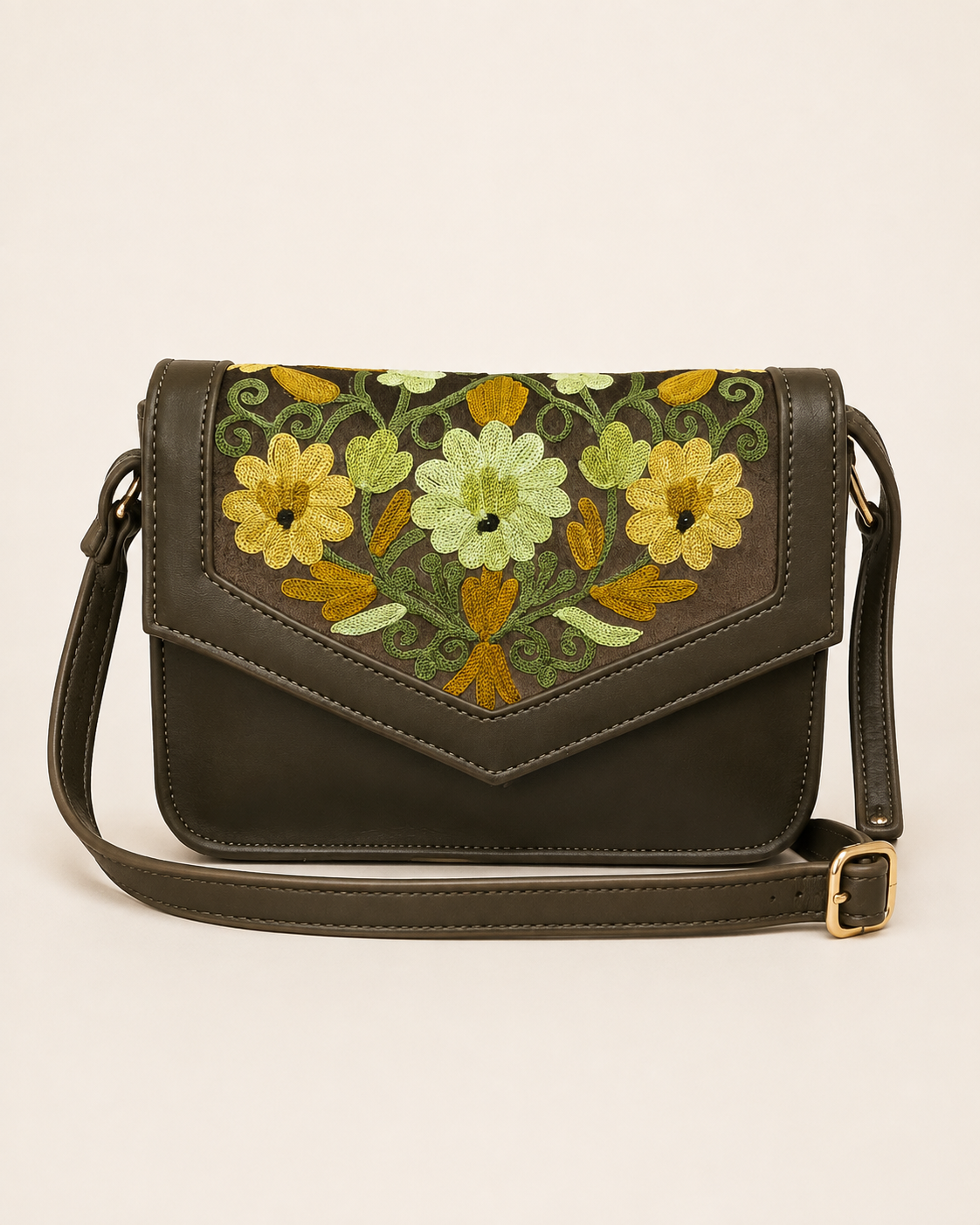 Forest Green Yellow Aari Work Barfi Handbag