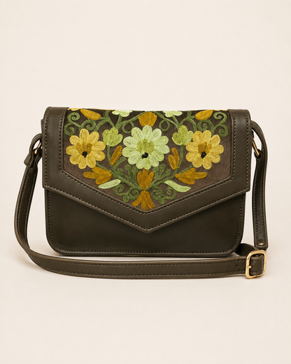 Forest Green Yellow Aari Work Barfi Handbag