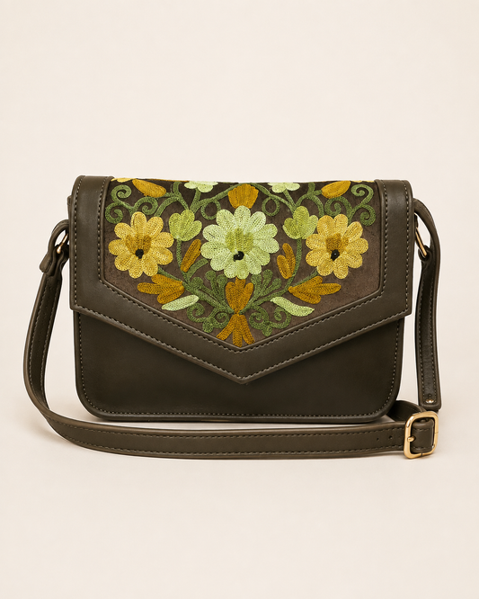 Forest Green Yellow Aari Work Barfi Handbag