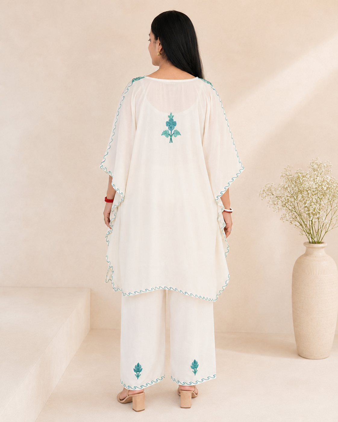 White Blue Green Aari Work Kaftan Set - Koshur Summer 3