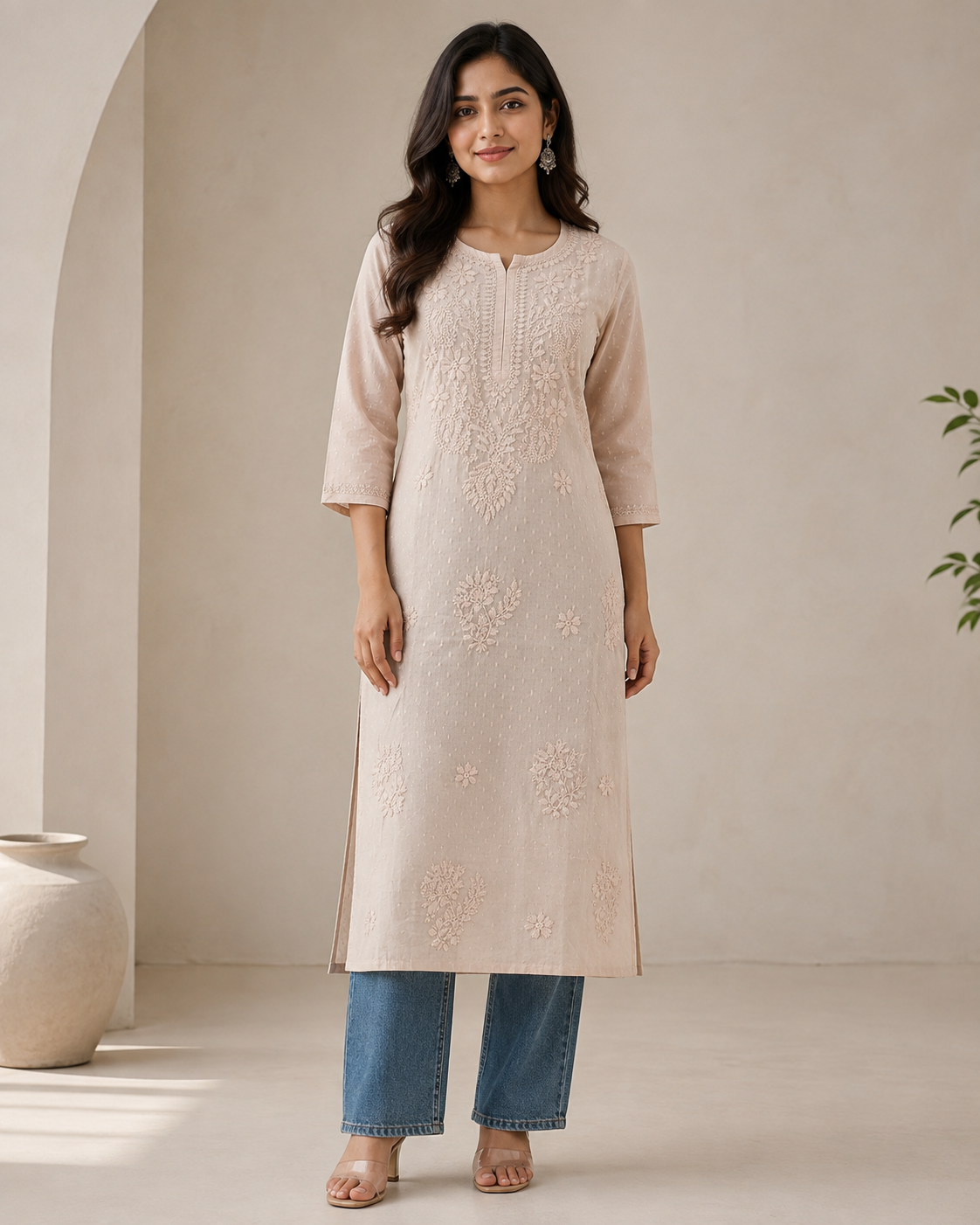 Off White Chikankari Long Kurta – Nawabi Summer, front view