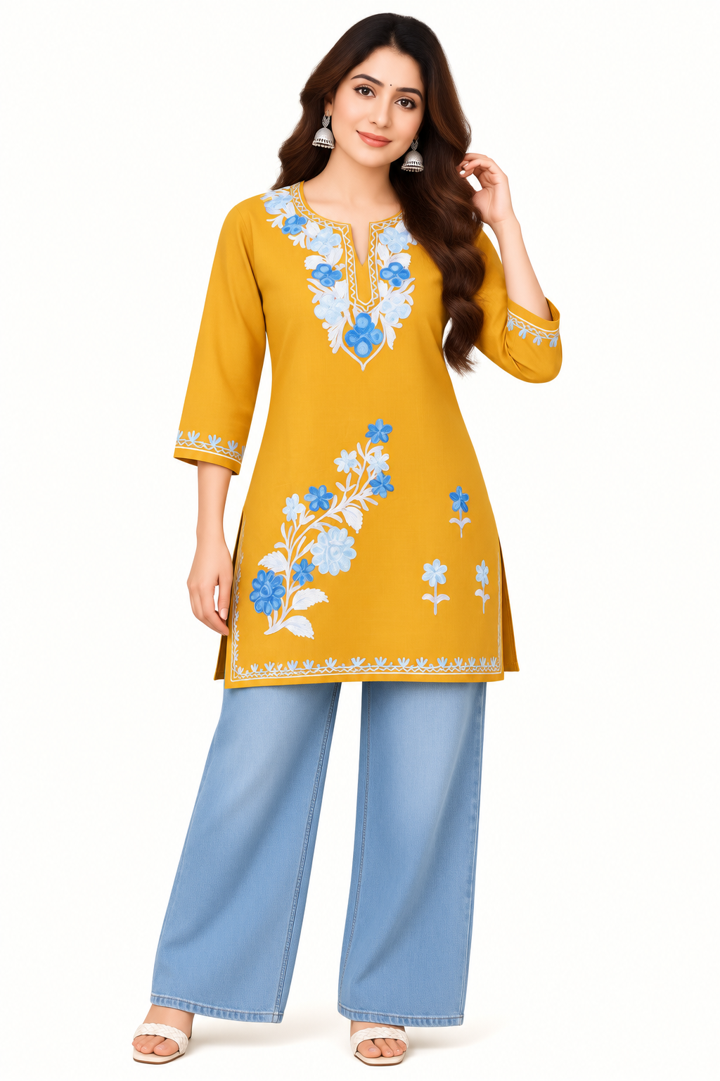 Mustard Blue Aari Work Short Kurti – Summer Tops