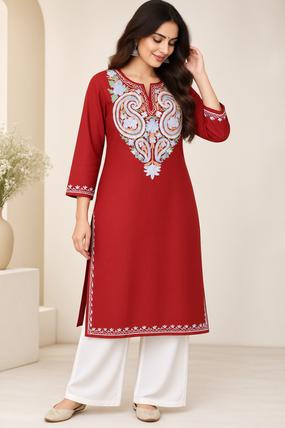 Red Green Aari Work Long Kurti – Summer Tops